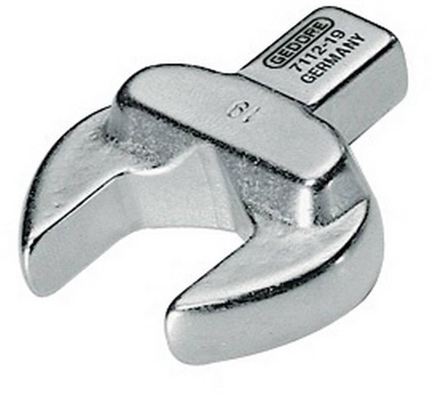 Un embout de clé à fourche chromé portant l'inscription 'GEDORE 19'. Fabriqué en Allemagne. Adapté pour des utilisations professionnelles d'outils.