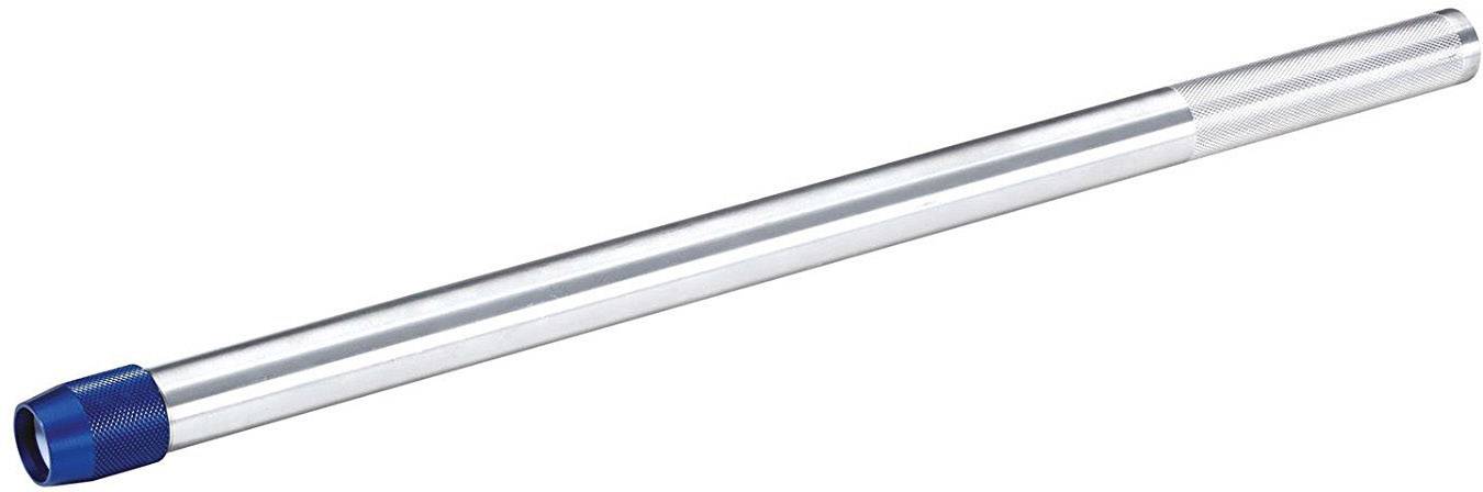 Une longue tige métallique argentée avec un embout bleu, probablement un tube télescopique ou une rallonge.