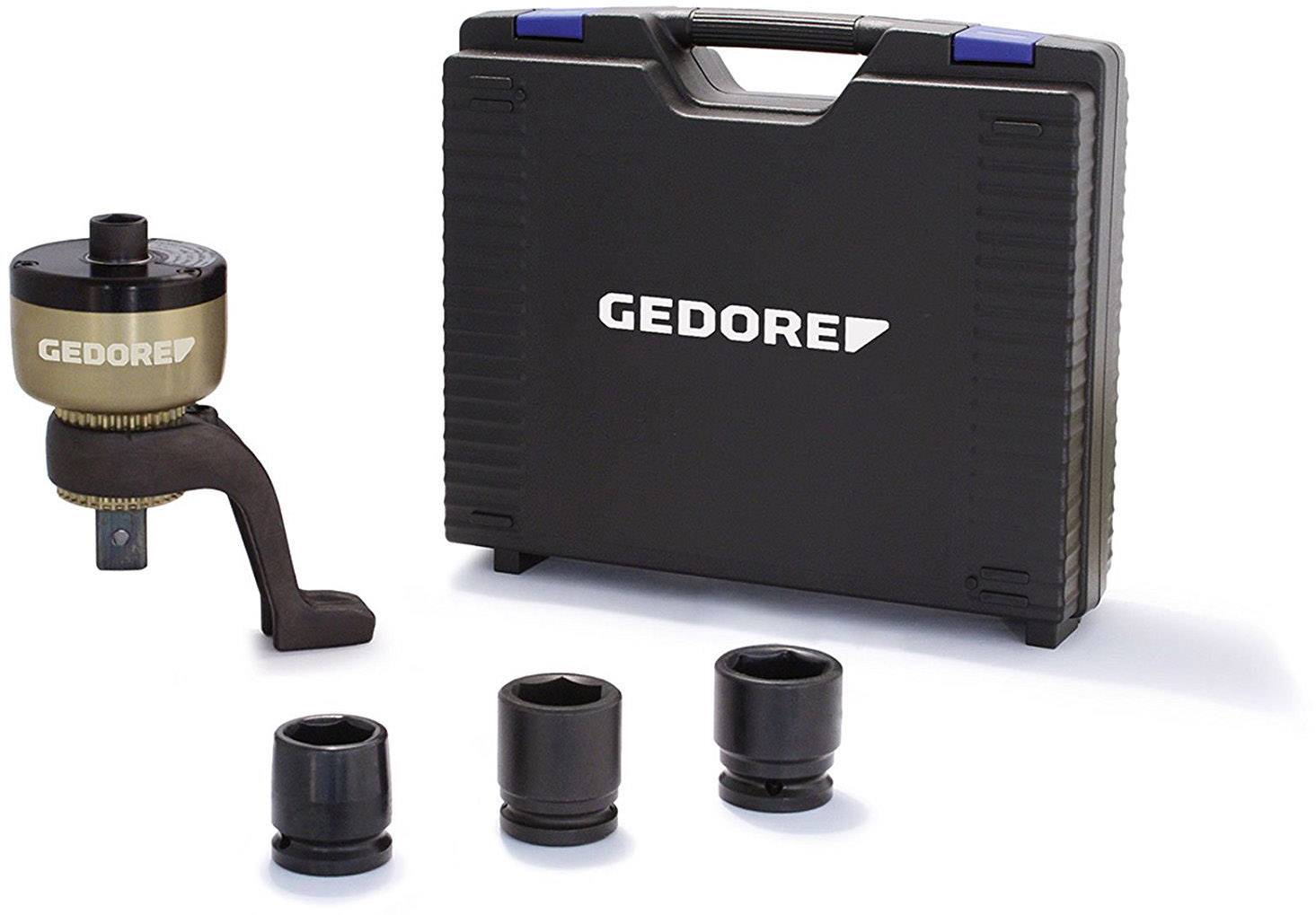 Un amplificateur de couple Gedore avec un coffret en plastique et trois douilles de différentes tailles, présenté sur une surface blanche.