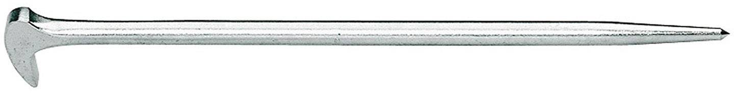 Un clou de rail argenté à tête plate, effilé de manière conique, sur un fond blanc. Principalement utilisé pour la fixation des rails.