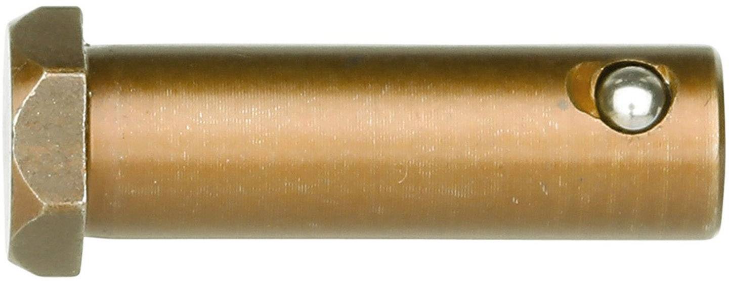 Une tige métallique de couleur bronze, cylindrique, avec une tête hexagonale et une boule sur le côté.