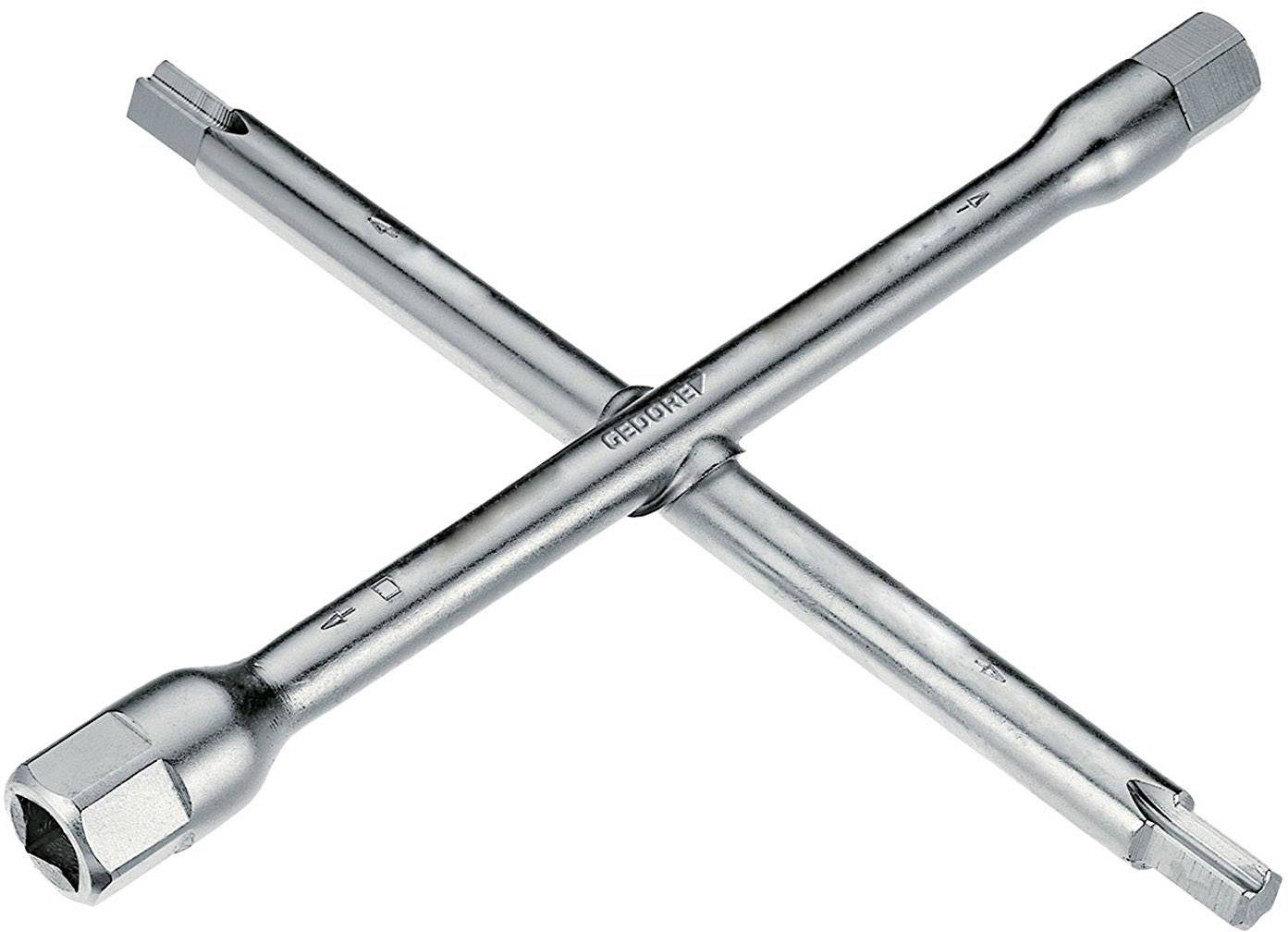 Clé en croix en métal, utilisée pour desserrer et serrer les écrous de roue. Contient quatre tailles différentes à ses extrémités.
