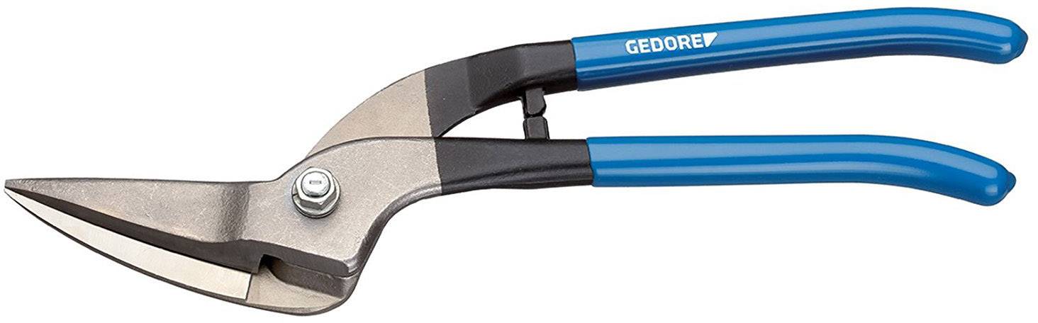Ciseaux avec poignées bleues et lames en acier, adaptés pour couper de la tôle. Mécanisme de pliage serré et design ergonomique.