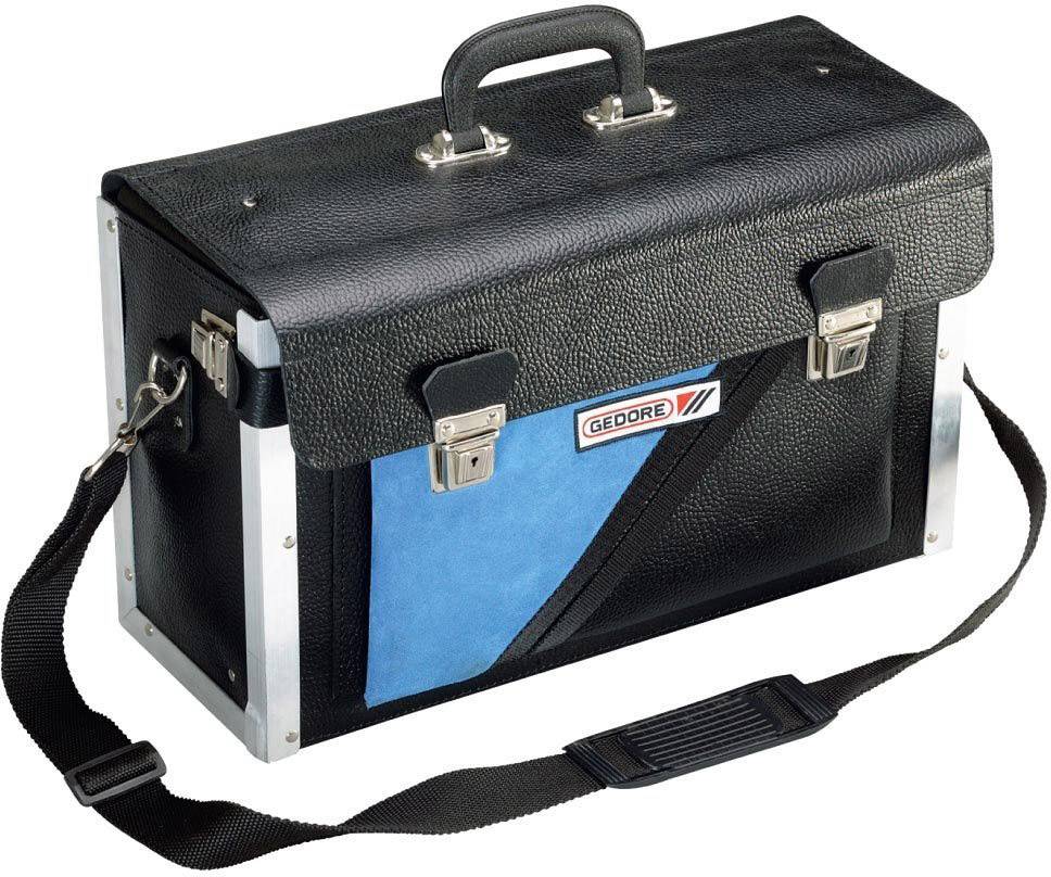 Un coffret à outils noir avec un accent bleu, une poignée de transport et une bandoulière, des fermetures métalliques et un logo 'GEDORE' sur la face avant.