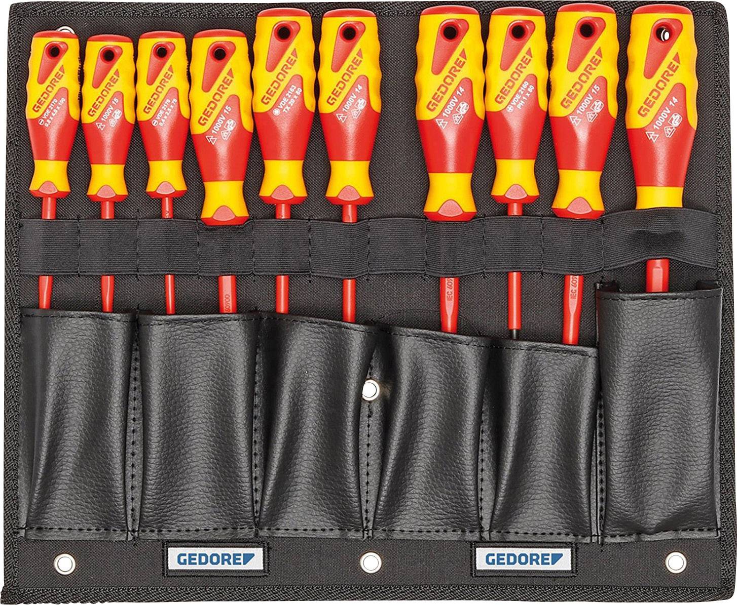 Ensemble de tournevis à différentes tailles, rangés dans une trousse à outils noire portant le logo 'Gedore'.