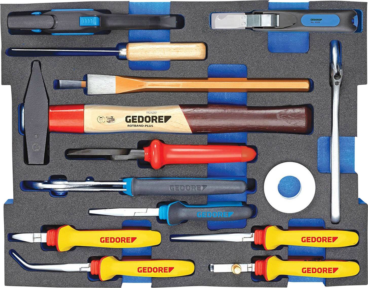 Ensemble d'outils comprenant divers outils manuels : marteau, tournevis, pince et lame. Tous les outils organisés dans un insert en mousse.