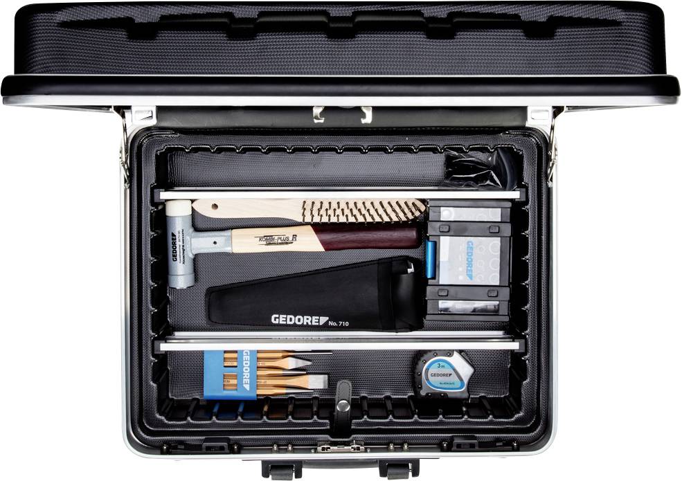 Boîte à outils avec couvercle ouvert, contenant un marteau, un mètre ruban, un pinceau, des stylos et d'autres ustensiles de bricolage soigneusement rangés.