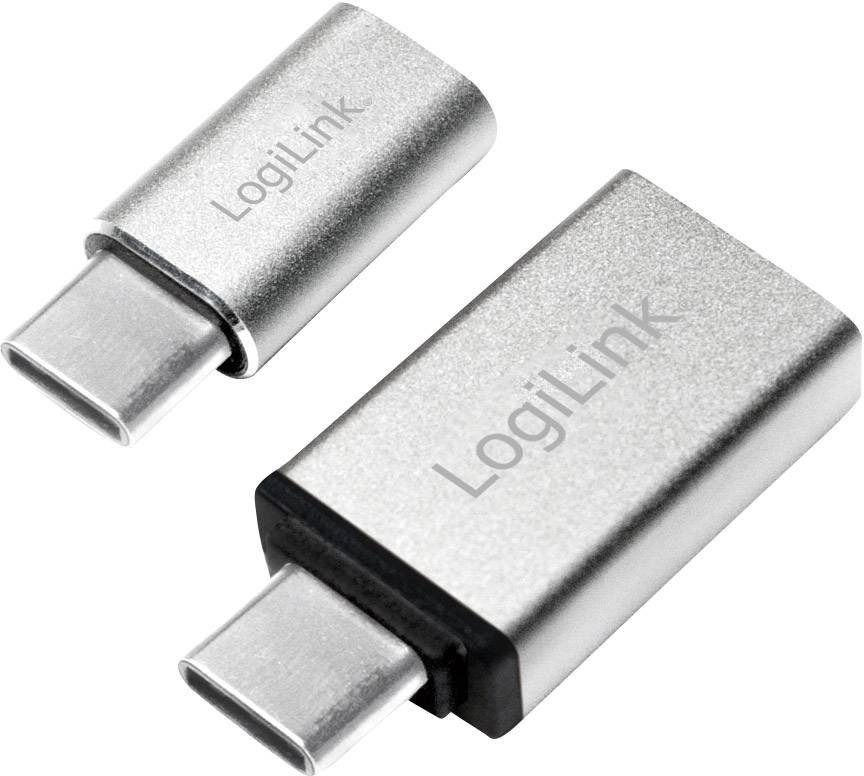 Deux adaptateurs métalliques LogiLink de USB-C à USB-A de différentes tailles sont posés côte à côte.