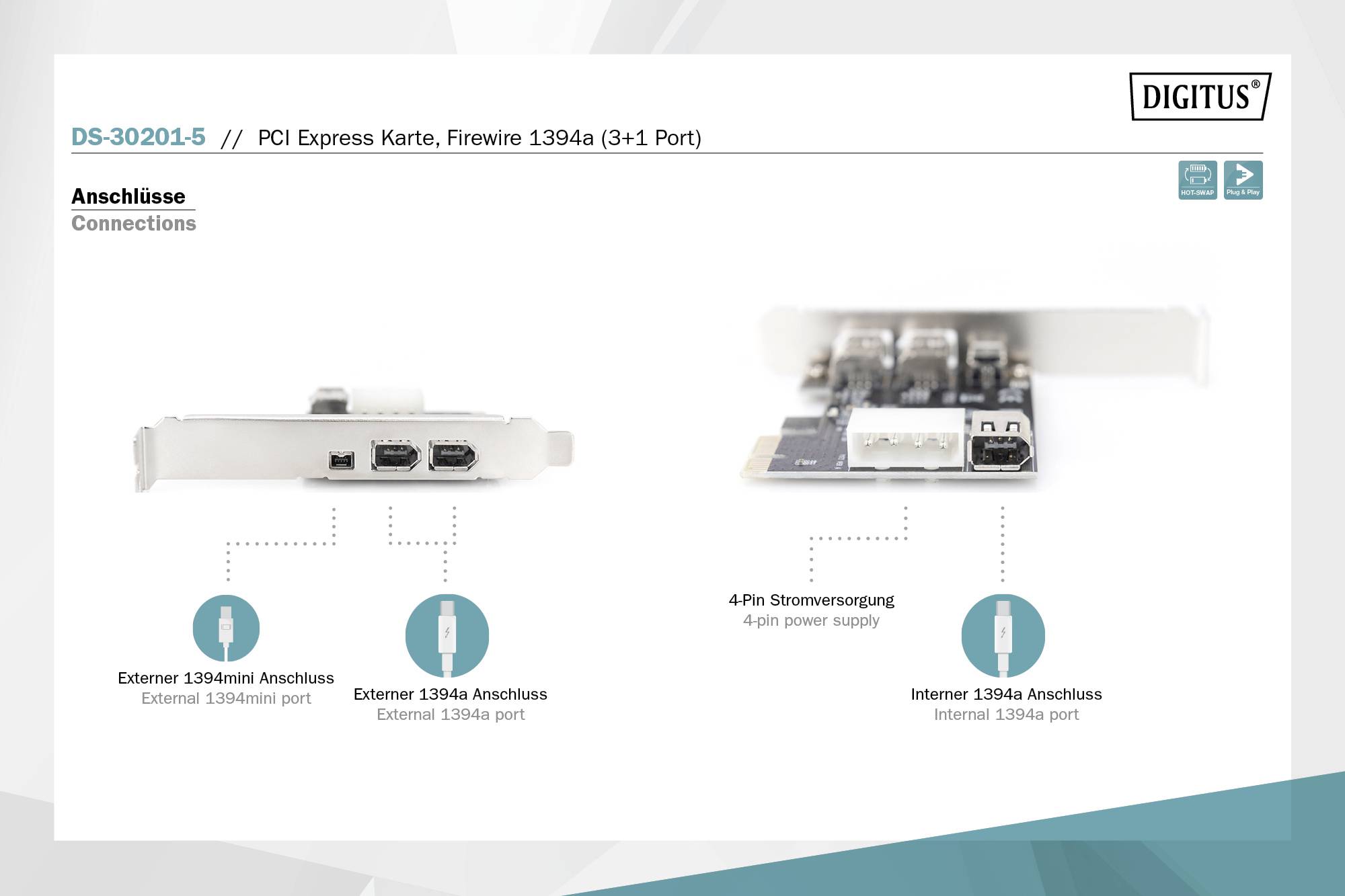 Digitus DS-30201-5 3+1 ports Carte contrôleur FireWire 400 FireWire 400 PCIe
