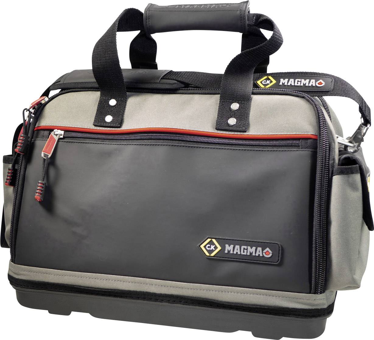 Un sac à outils robuste avec le logo de marque 'CK Magma' sur l'avant, équipé de plusieurs poches et de poignées de transport.
