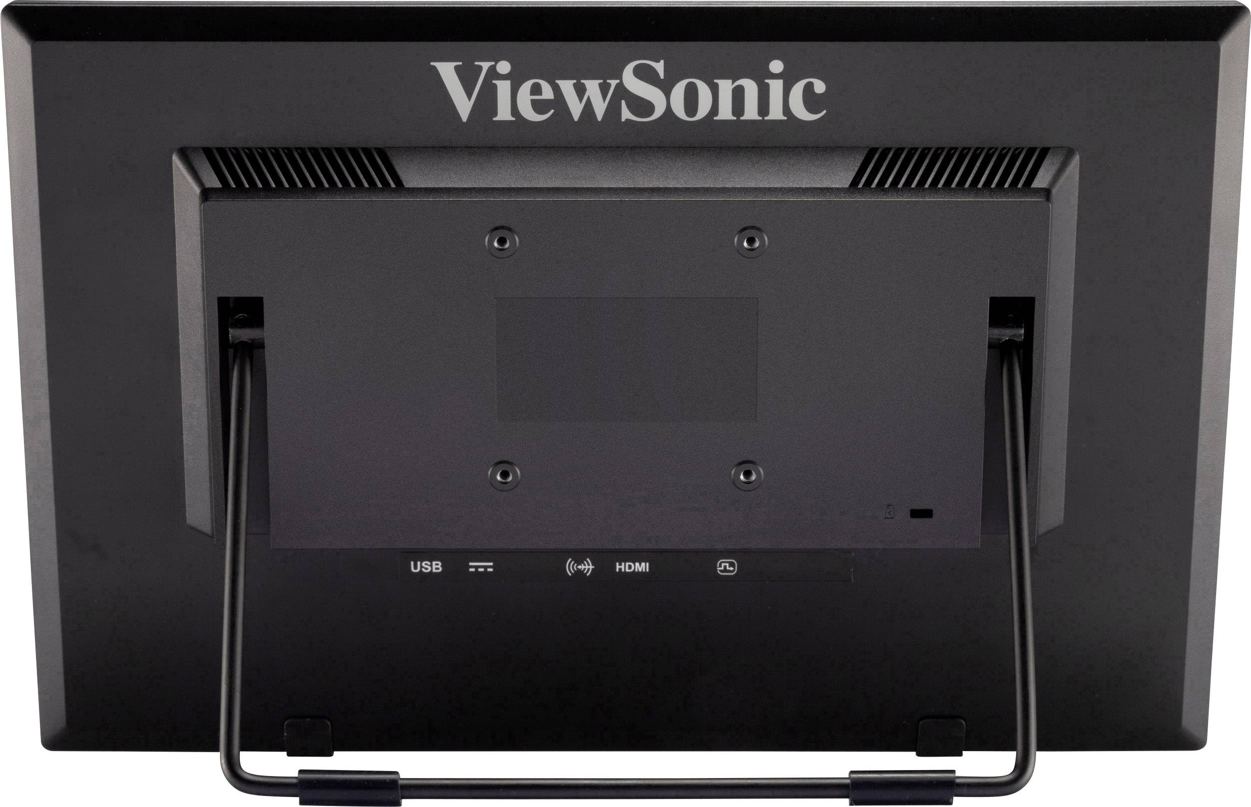 Vue arrière d'un moniteur ViewSonic avec des ports USB et HDMI visibles, ainsi que le symbole Wi-Fi sur le boîtier noir.