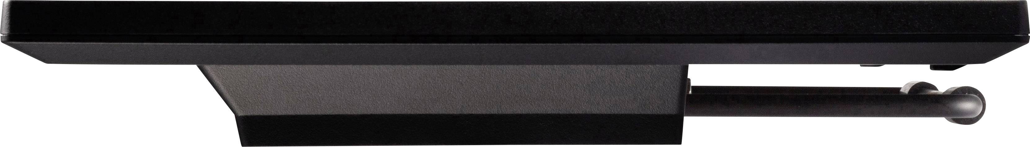 Support de tablette noir avec rails télescopiques, orienté horizontalement. Adapté pour des fixations de tablettes invisibles.