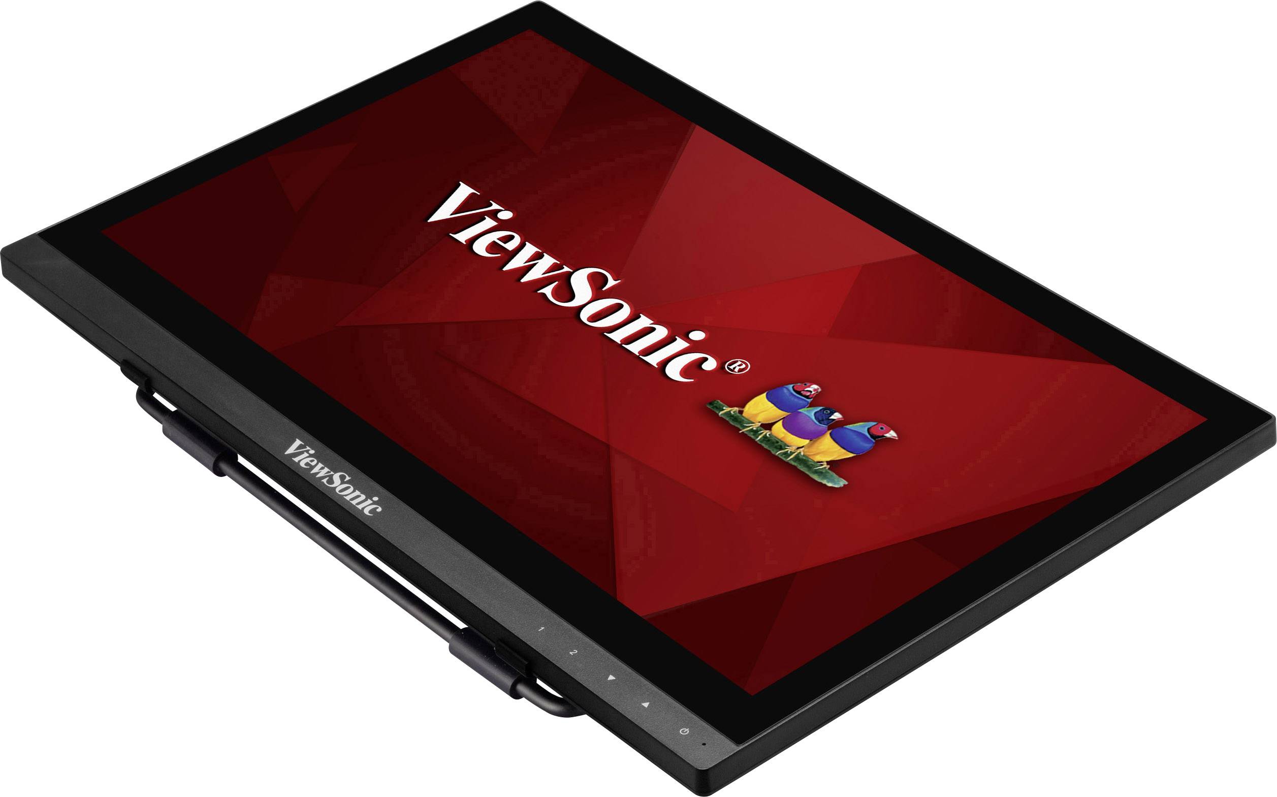 Un écran de tablette avec le logo ViewSonic sur un fond rouge, affichant trois oiseaux colorés comme symbole de marque.