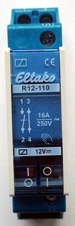 Relais de courant Eltako R12-110 bleu, adapté pour 16A, 250V, avec symbole manuel et indication de courant continu 12V pour le contrôle des appareils.