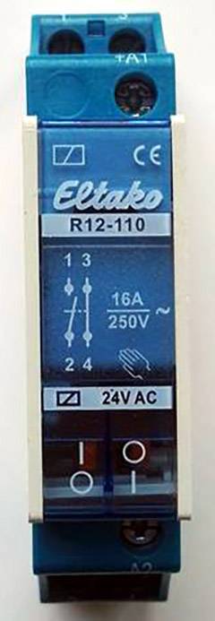 Relais Bleu Eltako R12-110 avec indications pour 16A, 250V et 24V AC.