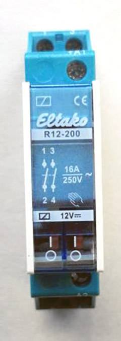 Relais Eltako R12-200, 16A, 250V, avec tension de bobine de 12V, adapté pour les circuits électriques.