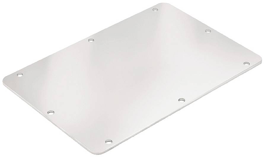 Plaque rectangulaire en métal avec des coins arrondis, huit trous de fixation pour vis, surface argentée.