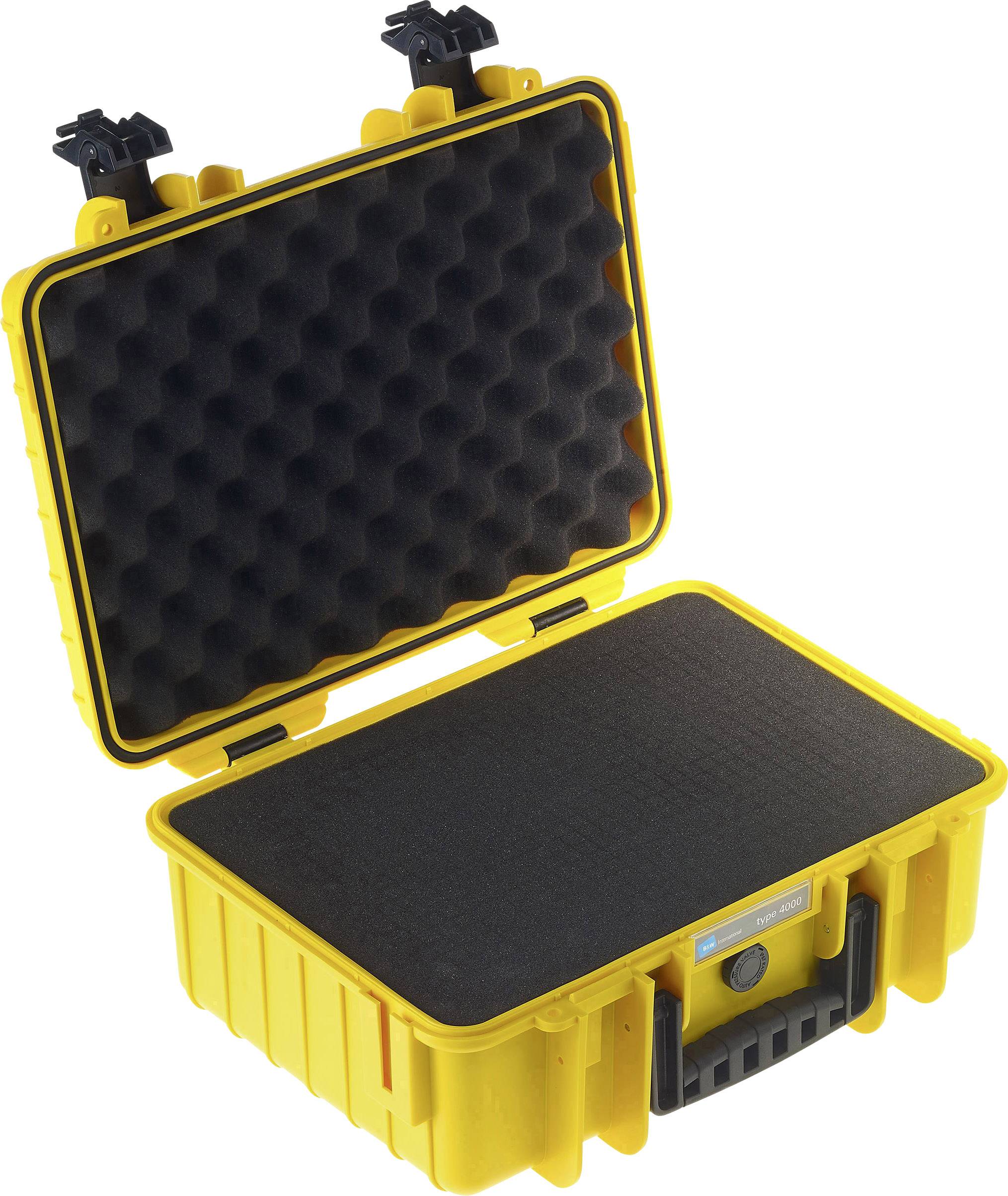 Valise rigide jaune ouverte avec garniture en mousse ; adaptée au transport sécurisé d'équipements et d'appareils sensibles.