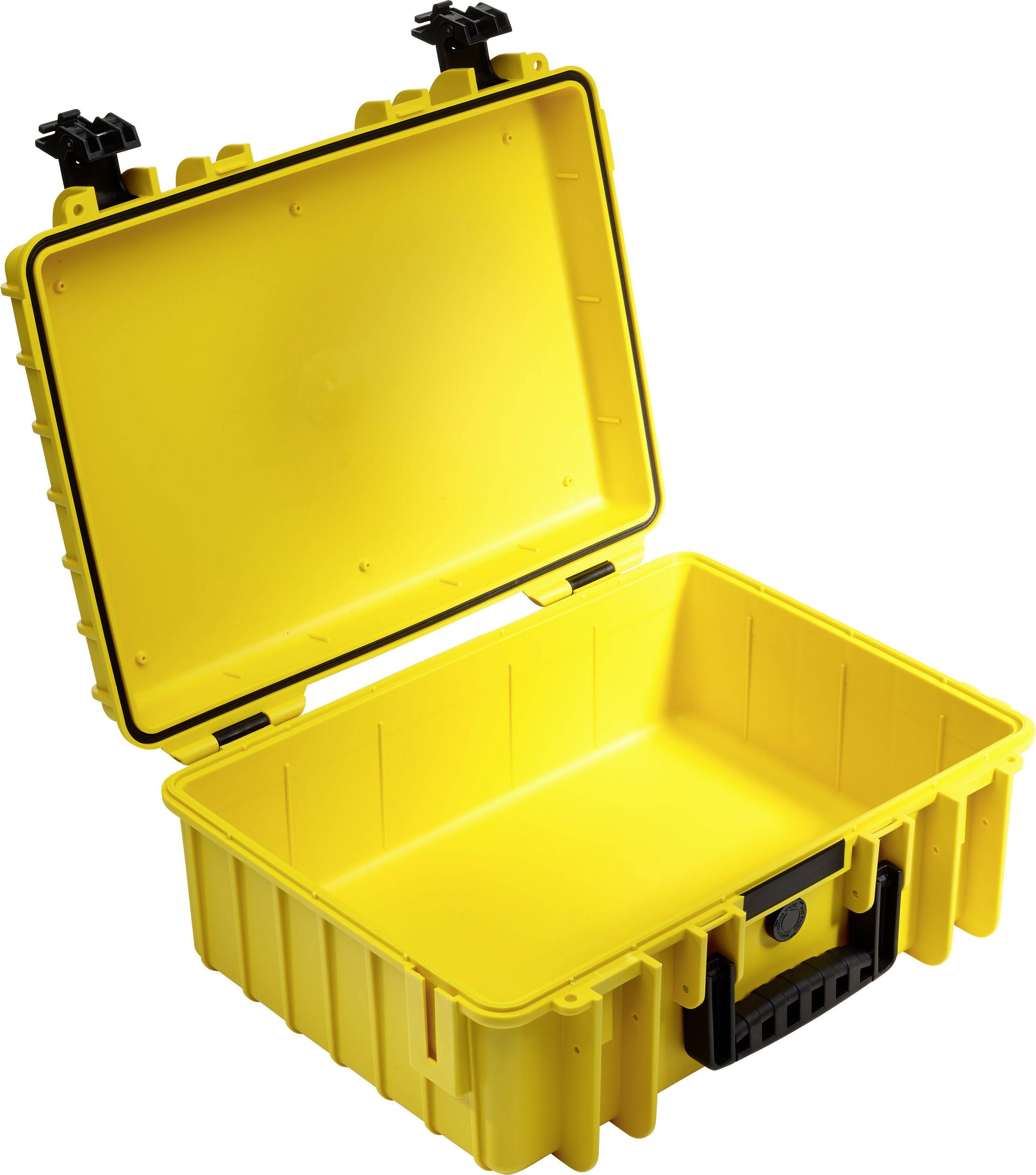 Valise jaune robuste en plastique, ouverte et vide, avec poignées et fermetures, adaptée au transport sécurisé d'équipements.