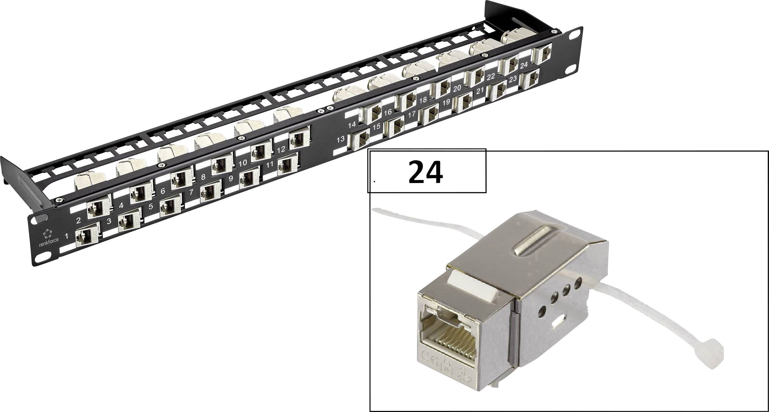 Panneau de brassage avec 24 ports et une image en gros plan d'un module réseau RJ45.