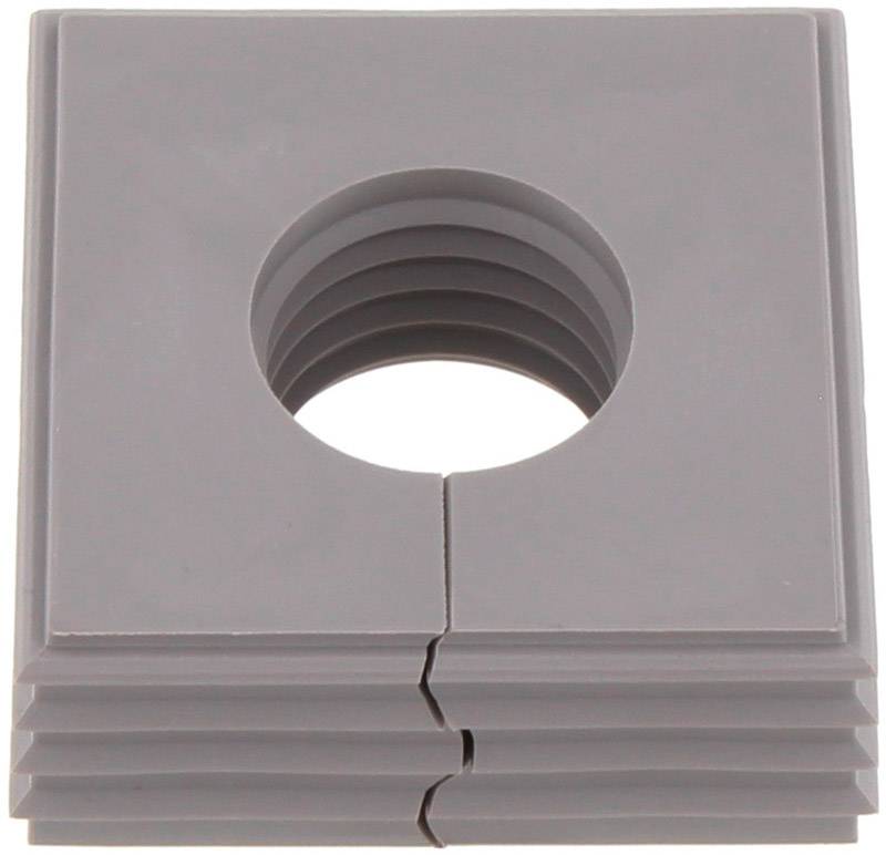 Pièce en plastique grise, carrée, avec une ouverture centrale circulaire cannelée et une ligne de jonction visible sur un côté.
