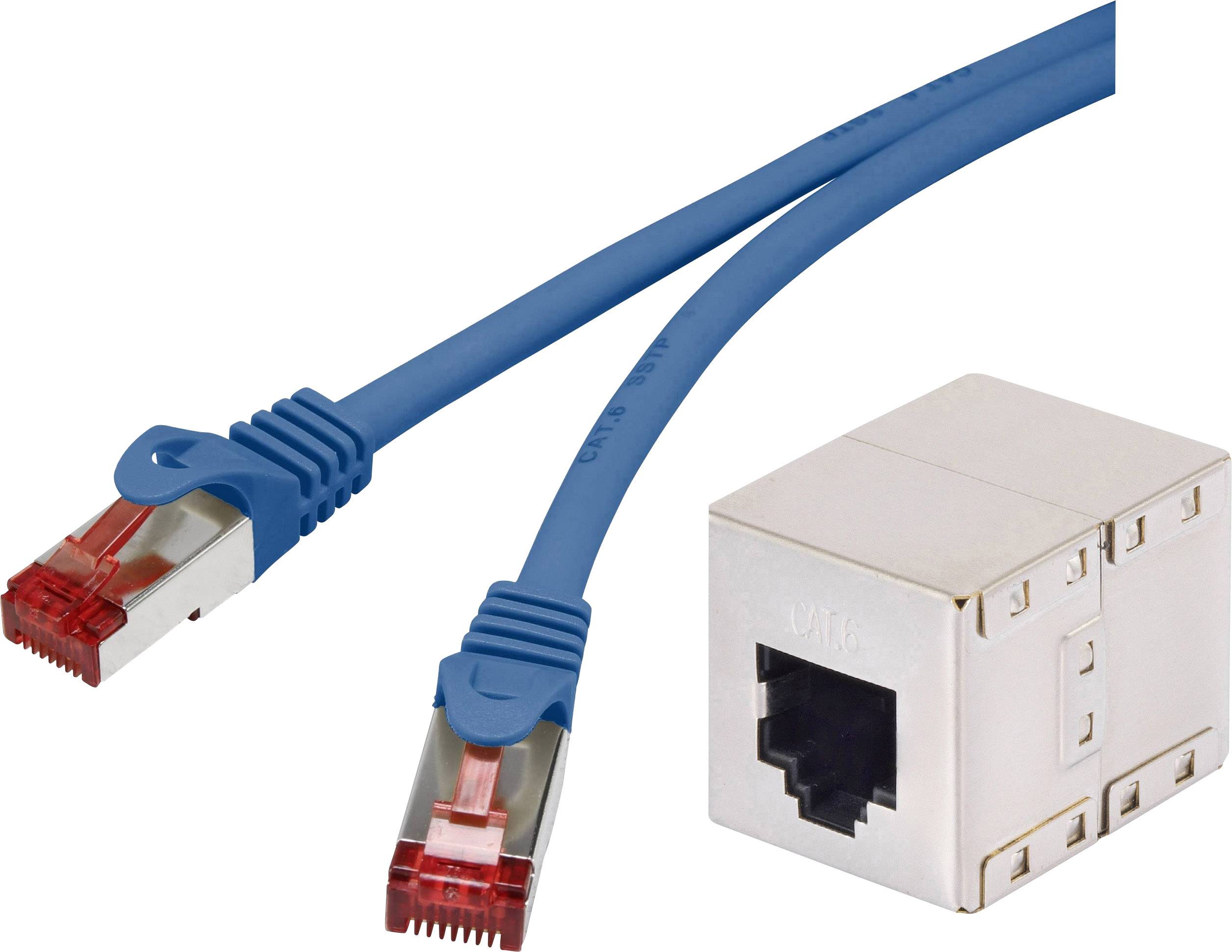 Deux câbles réseau bleus avec des connecteurs rouges et une unique prise réseau (connecteur RJ45) sur fond blanc.