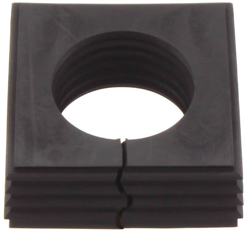 Joint carré en caoutchouc noir avec un trou central rond et des bords rainurés. Adapté pour des applications techniques ou des étanchéités.