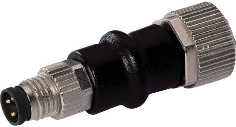Un adaptateur électrique noir et argenté avec une surface texturée et plusieurs broches de connexion à l'extrémité avant.