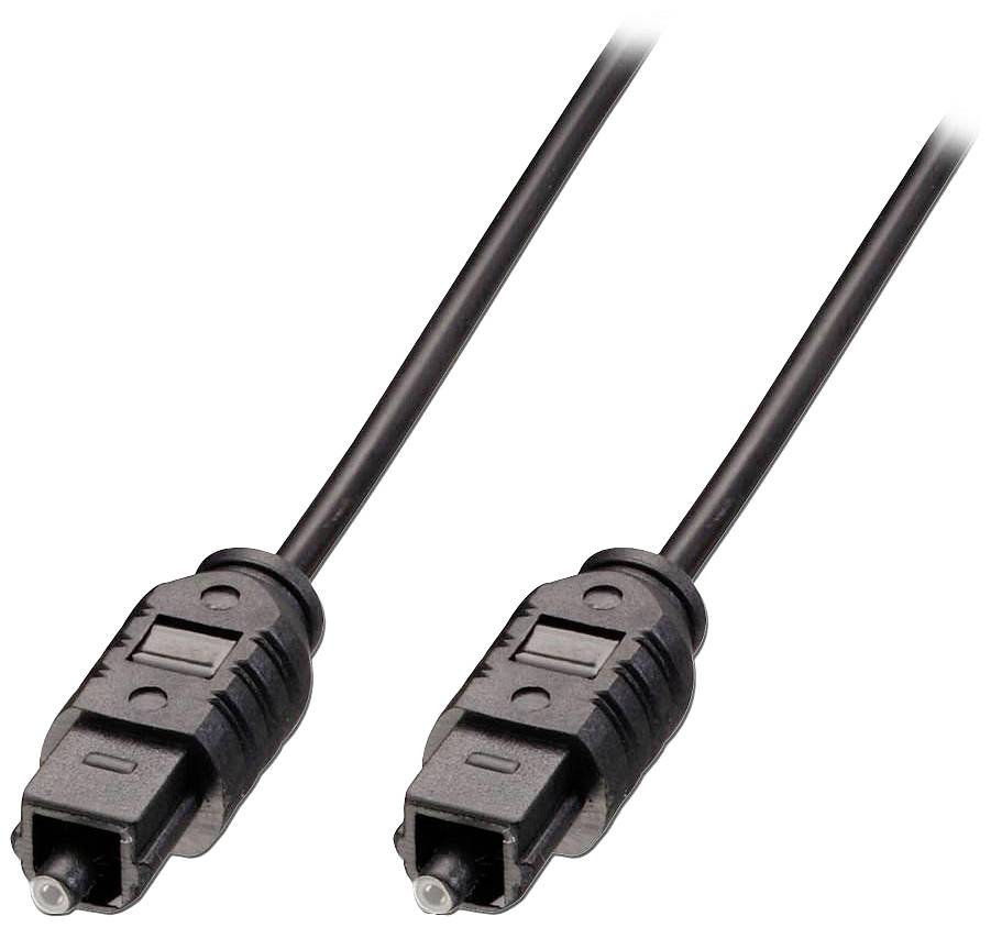 Deux câbles audio optiques noirs avec des connecteurs Toslink à leurs extrémités, couramment utilisés pour la transmission de signaux audio numériques.