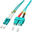 Un câble à fibre optique turquoise avec deux connecteurs et capuchons de protection. Le connecteur de gauche a deux extrémités de câble blanches et celui de droite deux extrémités colorées.