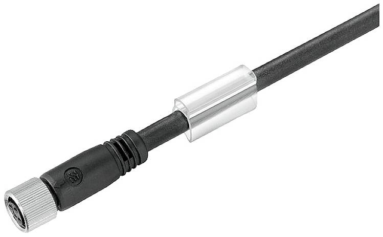 Un câble noir avec une fiche argentée et une gaine en plastique transparente au milieu ; souvent utilisé pour les connexions.