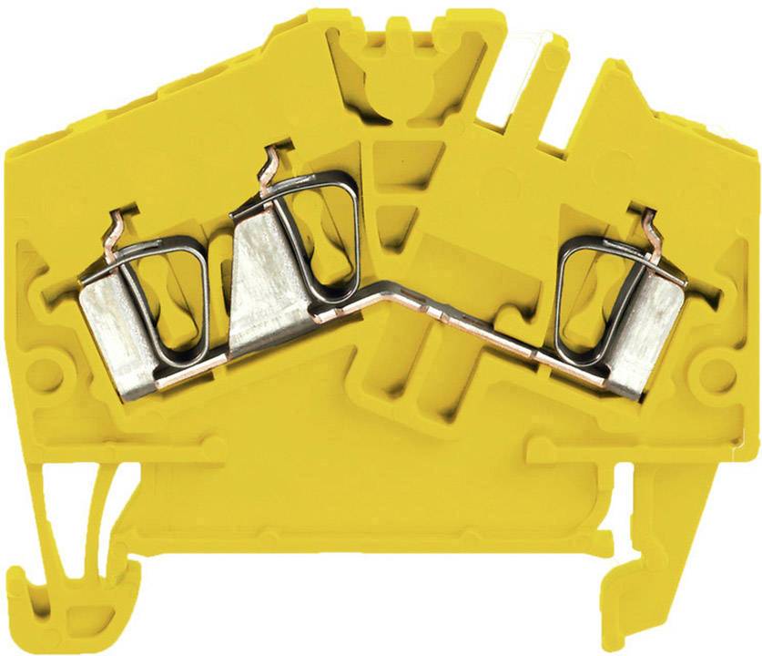 Bloc de bornes de série jaune isolé avec deux bornes métalliques au centre, adapté aux câblages électriques dans les tableaux de distribution.