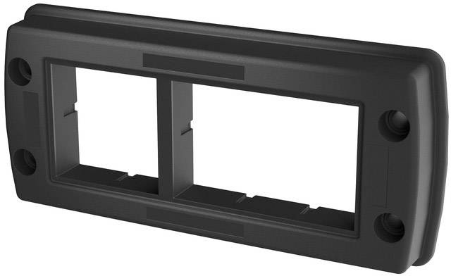 Un cadre rectangulaire noir en plastique avec deux ouvertures et quatre trous de fixation, probablement destiné à des interrupteurs ou des prises électriques.