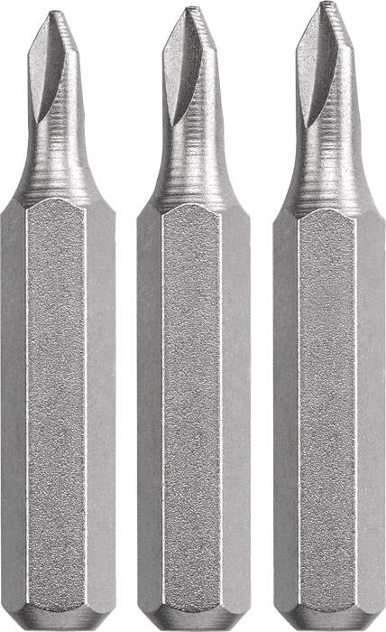 Trois embouts de tournevis en argent avec des tiges hexagonales et des empreintes cruciformes, disposés en ligne.