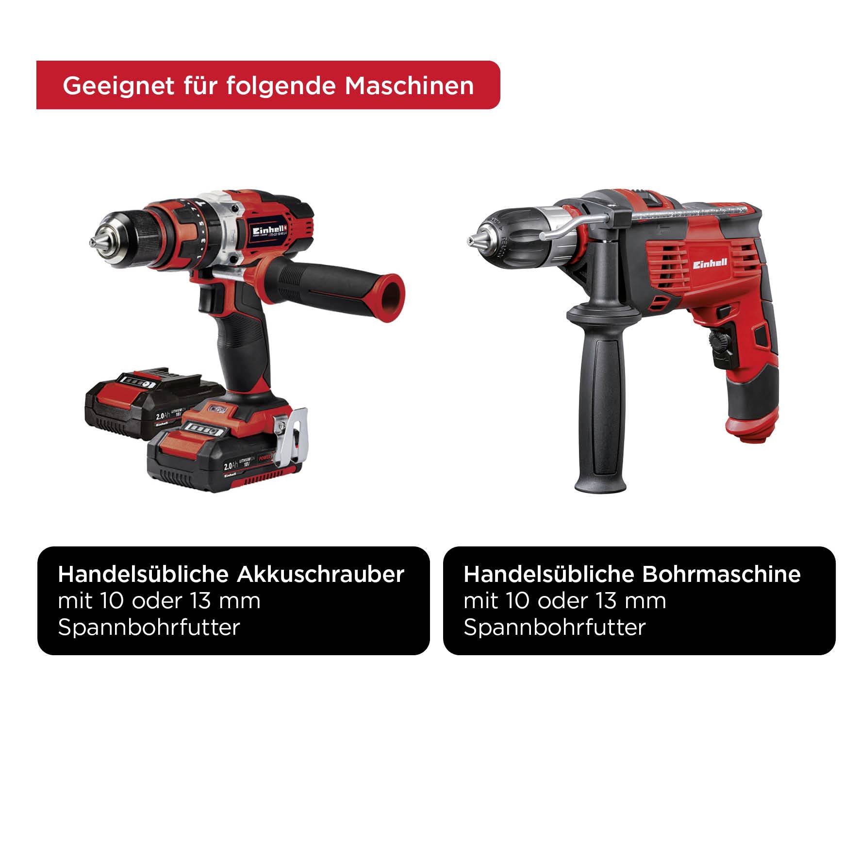 Adapté aux visseuses sans fil et aux perceuses, équipées d'un mandrin de 10 ou 13 mm. Présente chaque machine avec ses accessoires.