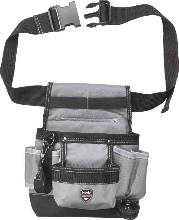 Sacoche à outils en tissu gris avec plusieurs compartiments et ceinture noire. Adaptée pour les outils manuels.