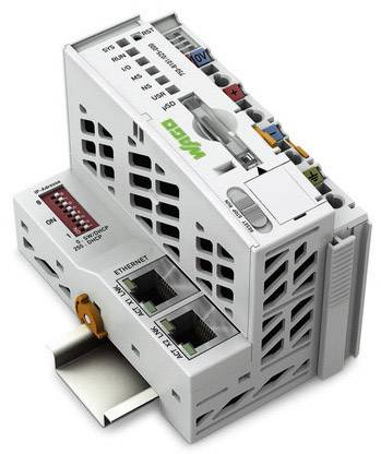 Un contrôleur de commande modulaire et programmable avec des connexions Ethernet et des interfaces numériques sur rail DIN.
