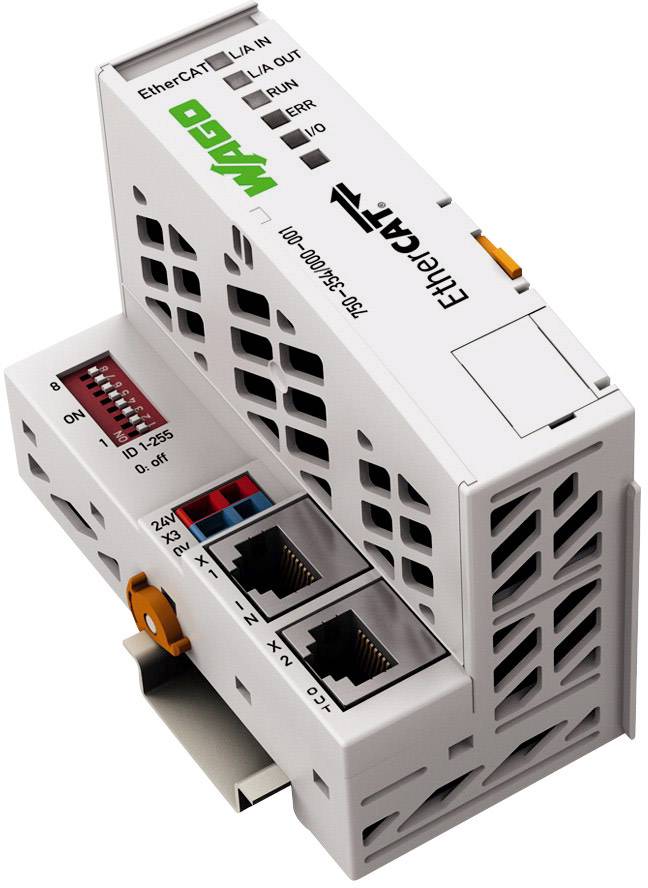 Un module de coupleur EtherCAT WAGO avec plusieurs connexions, des interrupteurs DIP pour définir l'ID, des voyants LED pour les états d'E/S et d'erreur.