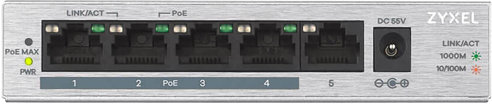 Un commutateur réseau avec cinq ports Ethernet, une prise d'alimentation à droite et des voyants LED pour les connexions et l'activité. Marque : Zyxel.