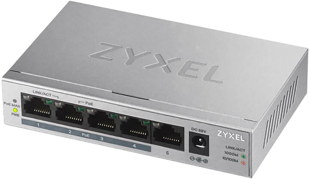 Un commutateur réseau argenté avec cinq ports Ethernet et des voyants LED verts sur la façade, de marque Zyxel.