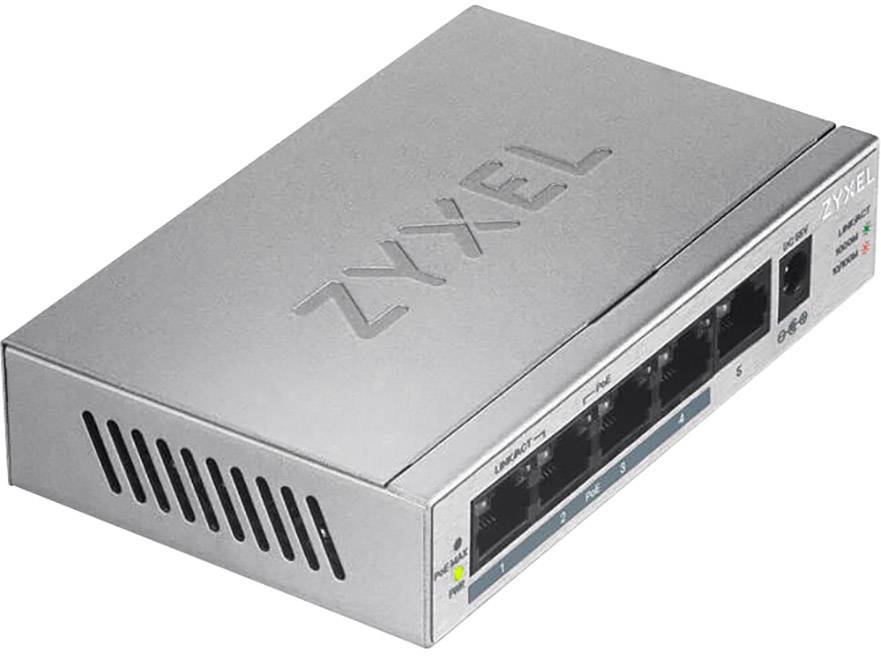 Commutateur réseau argenté de Zyxel avec plusieurs ports LAN et voyants d'état, adapté à l'extension des réseaux.