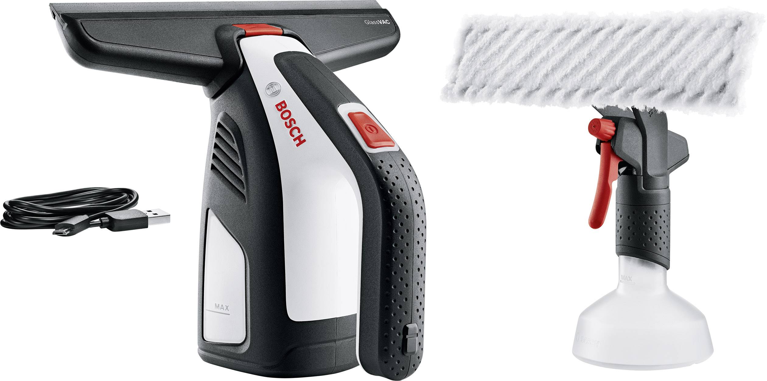 Un aspirateur de fenêtre Bosch avec accessoires : câble USB, bouteille de pulvérisation d'eau et embout de serpillière, pour un nettoyage de fenêtres efficace.