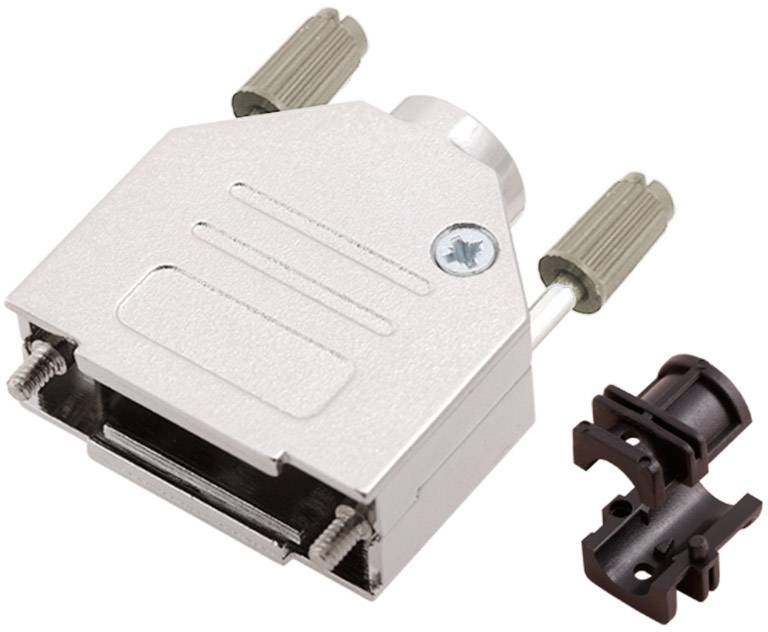 Boîtier de connecteur métallique avec deux vis et élément en plastique, adapté aux applications industrielles ou électroniques.