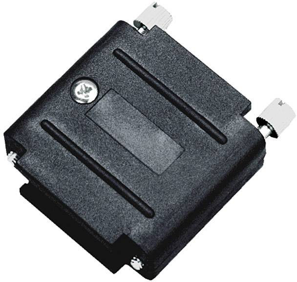 Dispositif rectangulaire noir en plastique avec des vis dans deux coins. Sert de composant de connexion ou de protection dans des appareils.