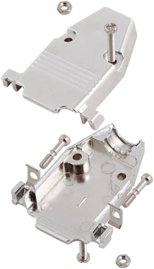 Boîtier métallique argenté en deux parties, partiellement ouvert, avec des vis de montage, adapté pour protéger les connexions électroniques.