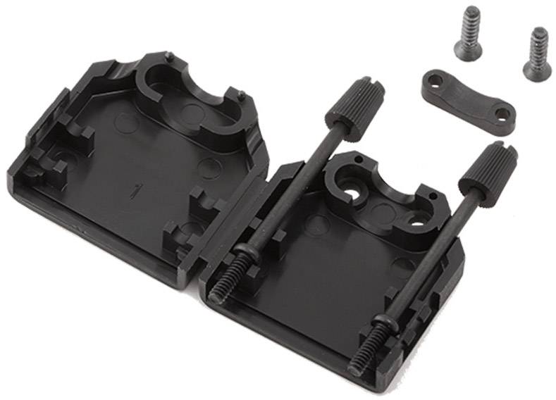 Support en plastique noir avec deux vis et petites pièces supplémentaires, probablement un élément d'un kit de montage pour appareils électroniques.