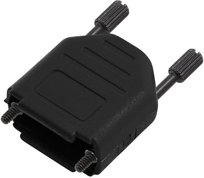 Un boîtier de connecteur D-Sub noir avec deux vis de fixation en métal.