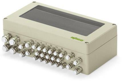 Un boîtier de distribution beige avec 20 connexions coaxiales, numéroté. Un couvercle transparent en haut, adapté pour les installations techniques.
