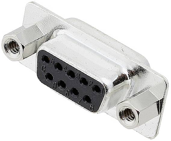Un connecteur série DB9 argenté, rectangulaire, avec neuf trous de broches et des supports de vis latéraux pour la fixation sur des câbles appropriés.