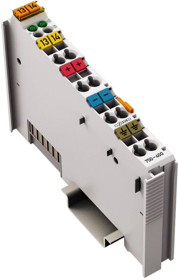 Un module électronique blanc avec différentes connexions colorées et l'inscription '750-400'.